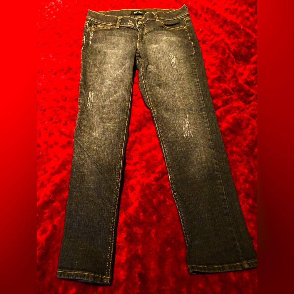 WHBM Noir Distressed Charcoal Black Faded Mid Rise Jeans Rhinestones (Size 2)